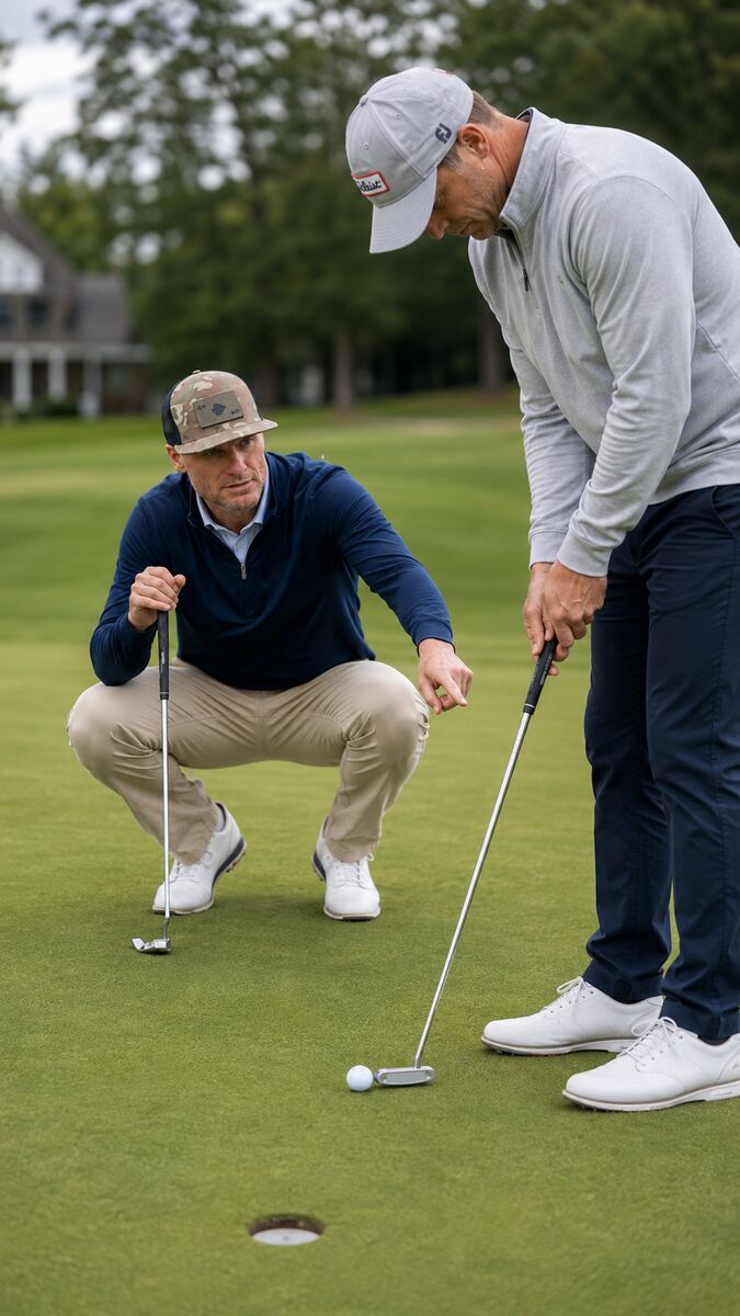 Aron reading a putt with a student on the green